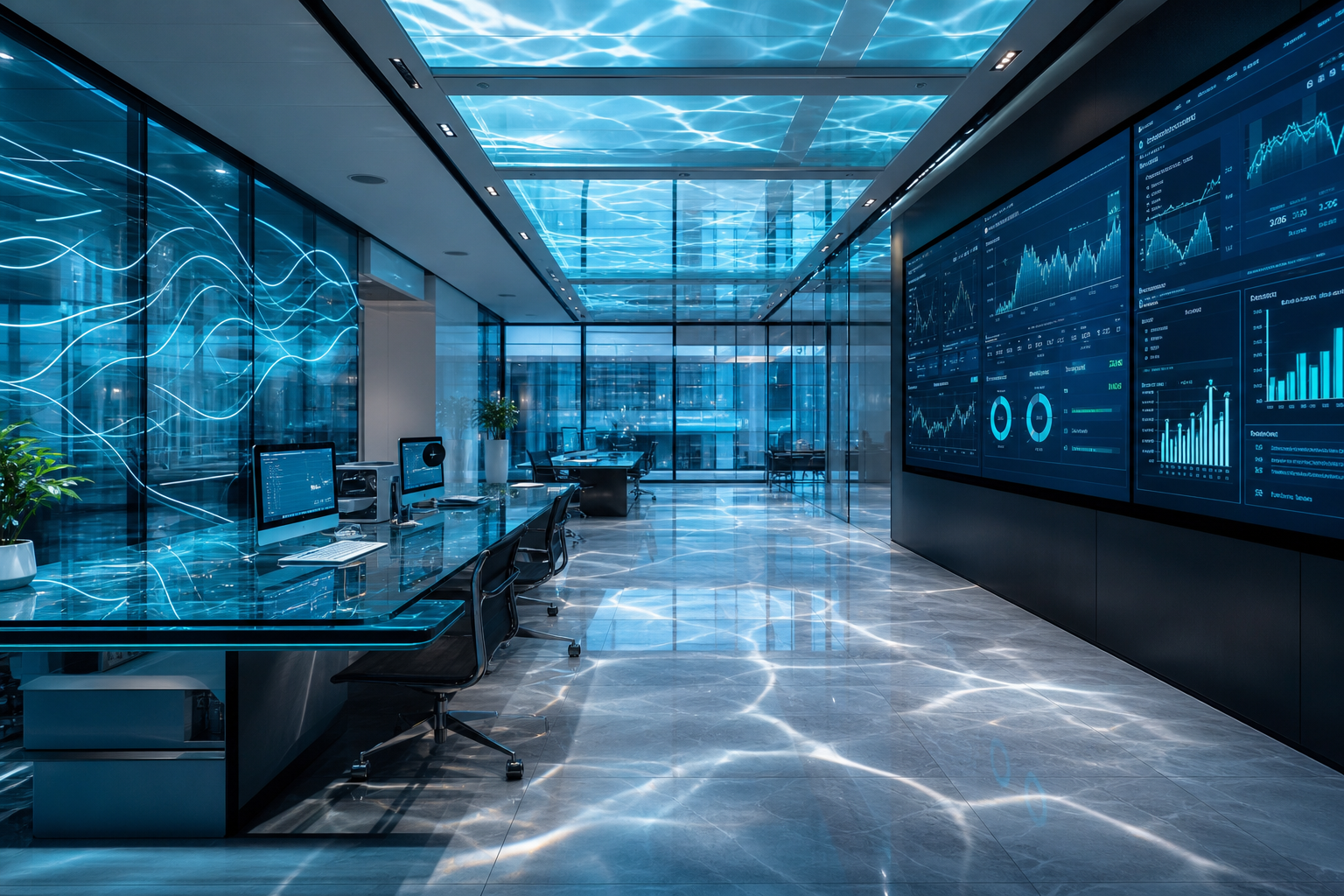 LIVORA DIGITAL premium glass-panel workspace with analytics screens and water caustic lighting
