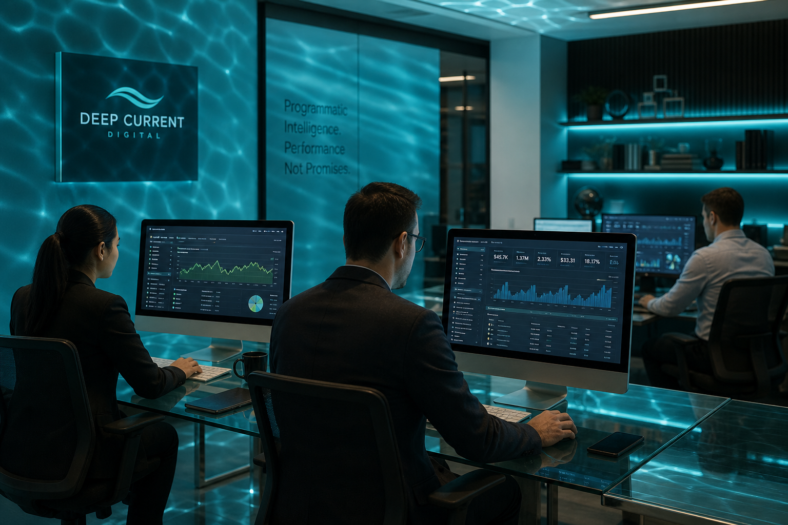 LIVORA DIGITAL team reviewing programmatic analytics in glass-panel workspace